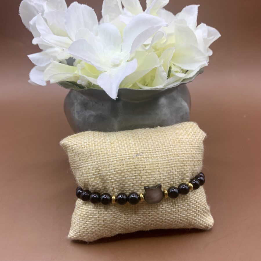 Bracelet obsidienne œil céleste et tête de chat Nacre