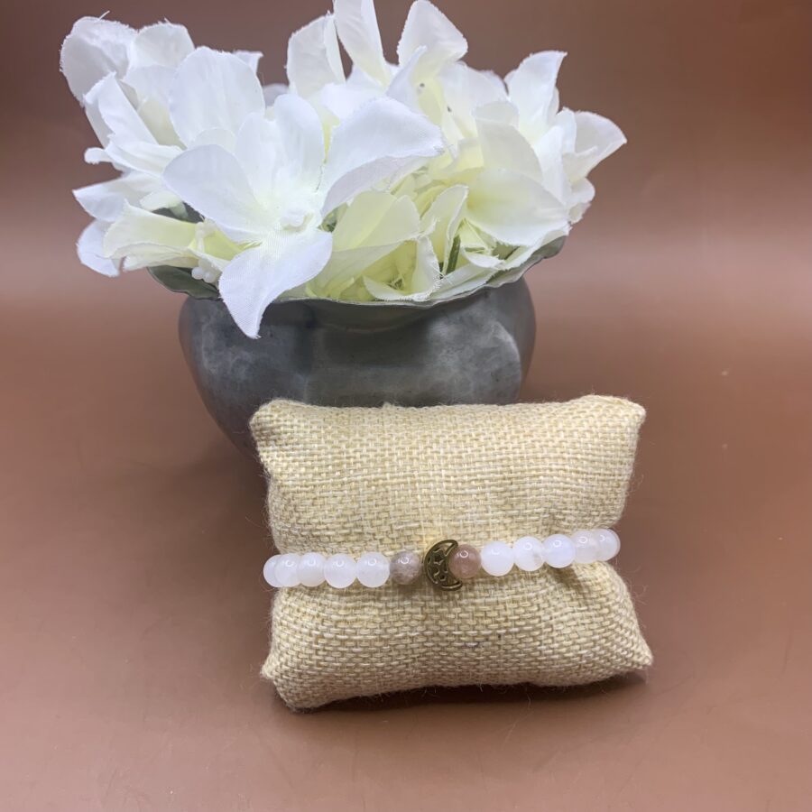 Bracelet Quartz rose, Pierre de lune, lune dorée