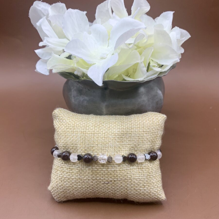 Bracelet Obsidienne,Quartz rose, Hématite, Cristal de Roche