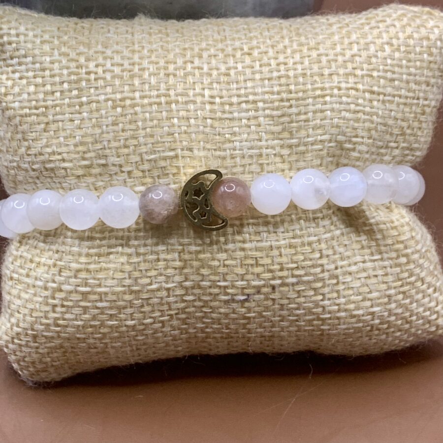 Bracelet Quartz rose, Pierre de lune, lune dorée – Image 2